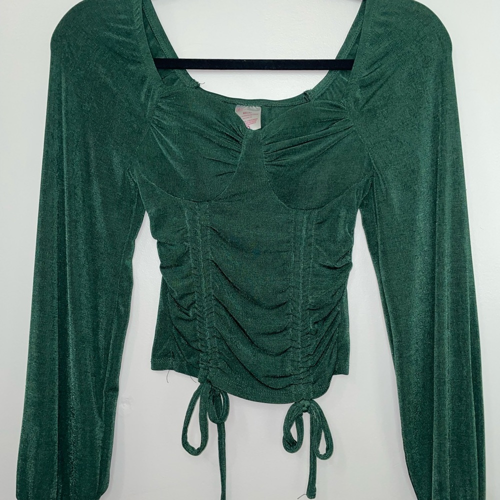 NOBO Green Ruched Tie Front Long Sleeve Blouse